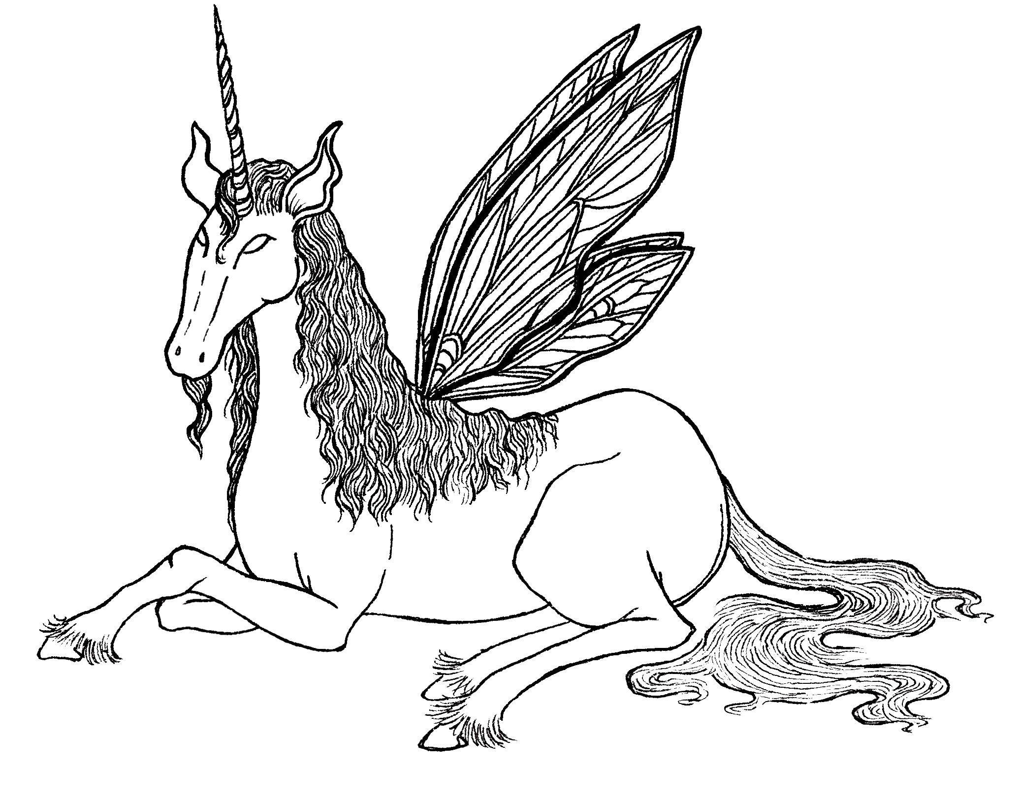 An illustration of a mythical creature with the body of a lion, the wings of a dragonfly, and the head of a unicorn, in a fantasy art style.