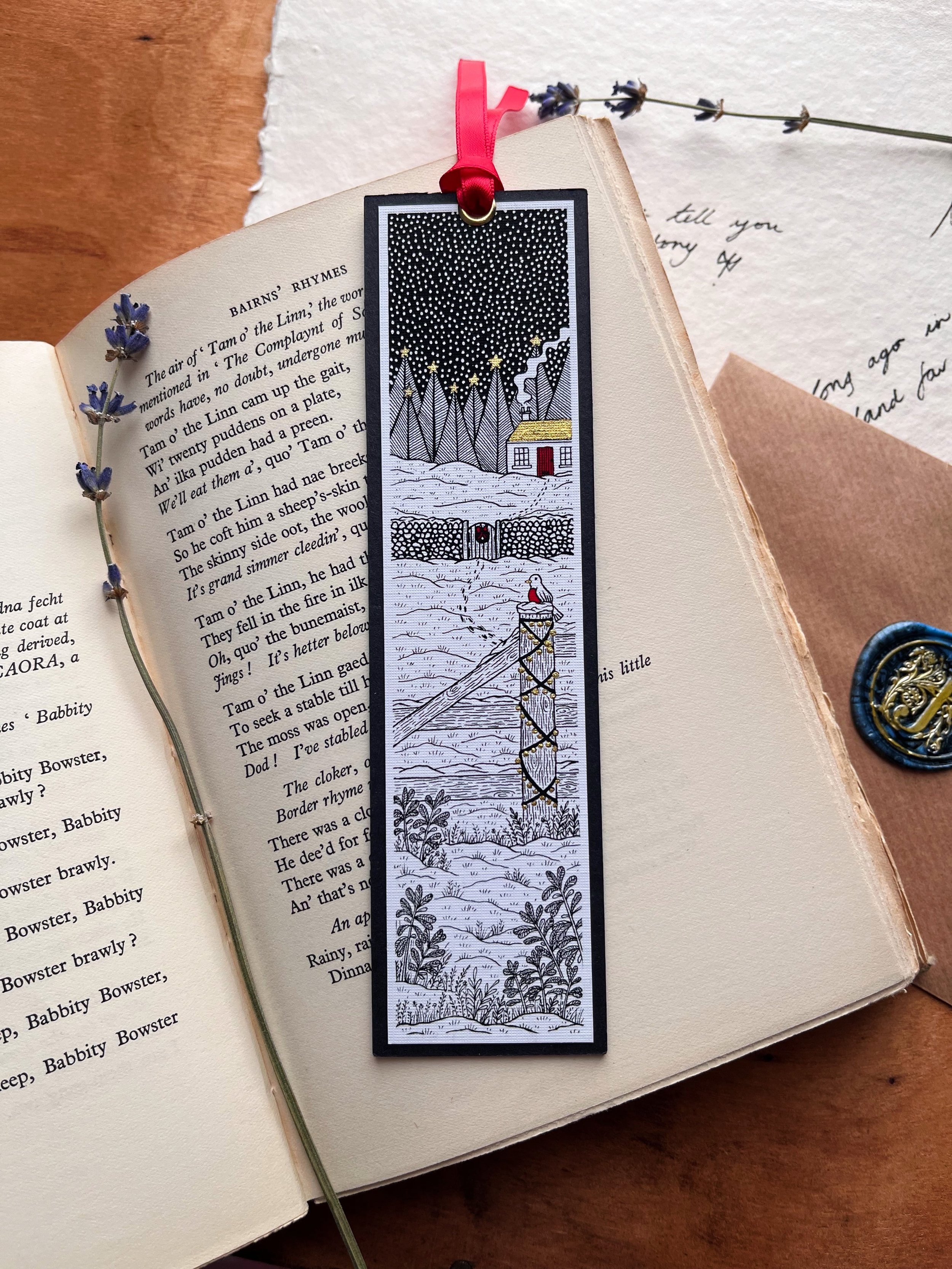 Christmas Bookmark, Snowy Cottage Scene