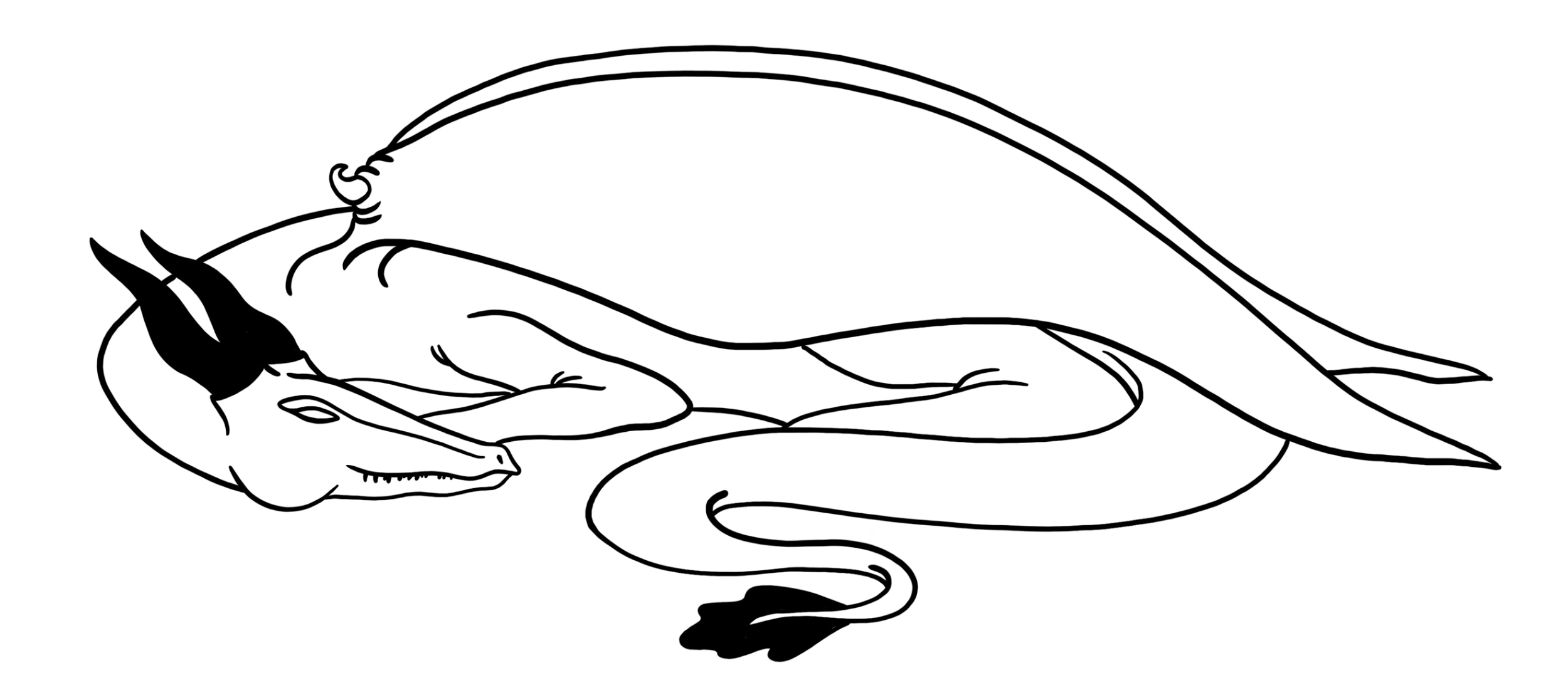 Line drawing of a dragon with a long, serpentine body, wings, and a horned head.