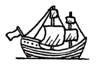 Drawing of a small sailing ship with a sail and a flag.