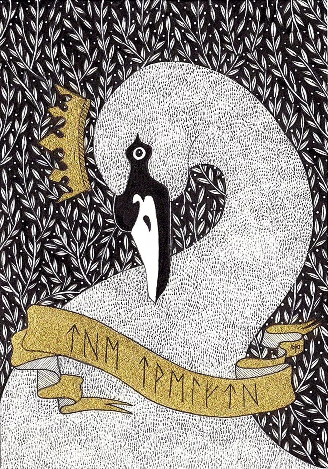 A stylized illustration of a white swan with a black head and an eye, surrounded by black leafy background. The swan wears a golden crown and a golden banner with the text 'INIM - PĒRMĖN' in black.