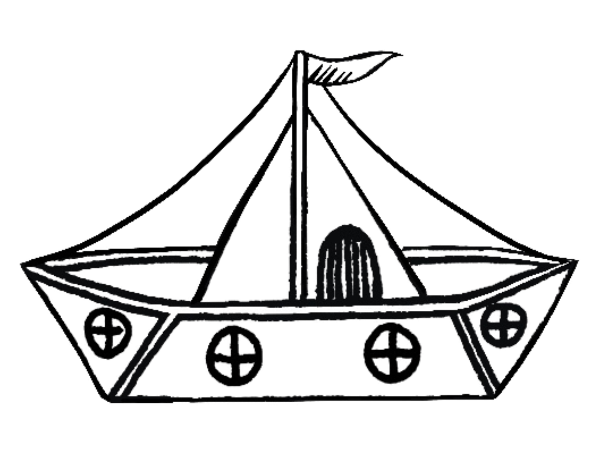 Line drawing of a small sailboat with a single mast and a floating platform with wheels underneath.