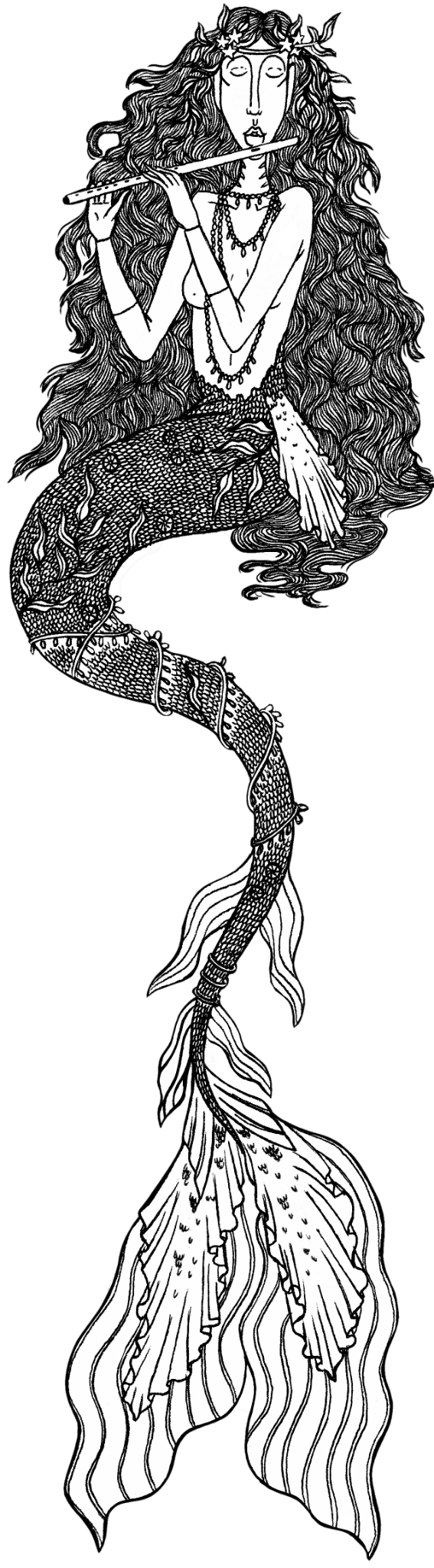 Line drawing of a mermaid with long, flowing hair, playing a flute, adorned with flowers and jewelry, against a black background.
