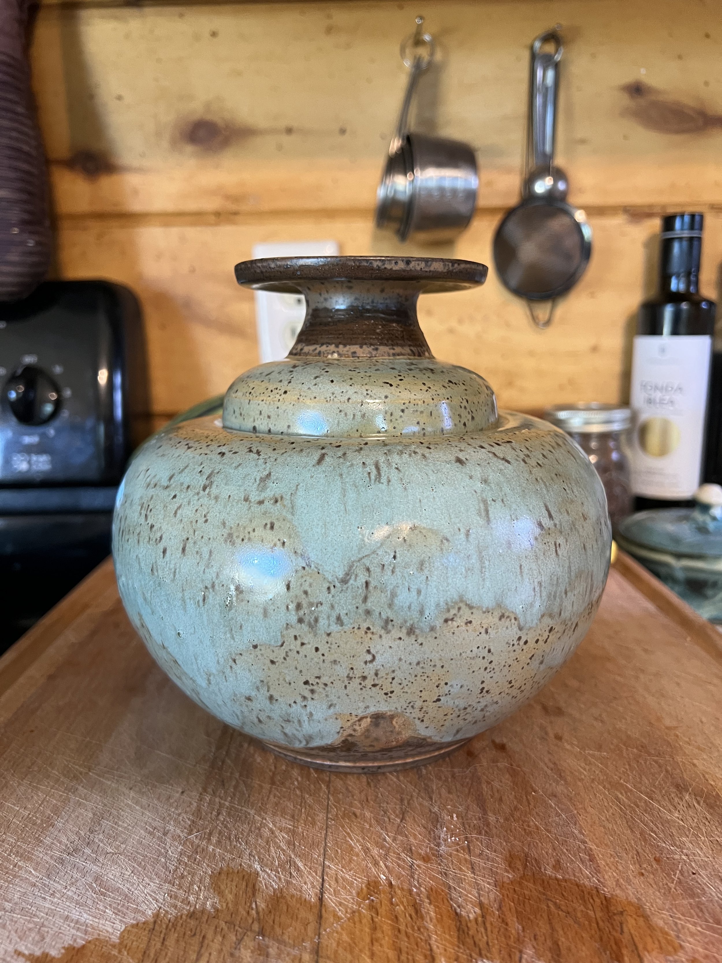 I loved this piece, but alas, after two firings I could not get the pinholes out of this glaze. I will try this form again with a different glaze, soon!