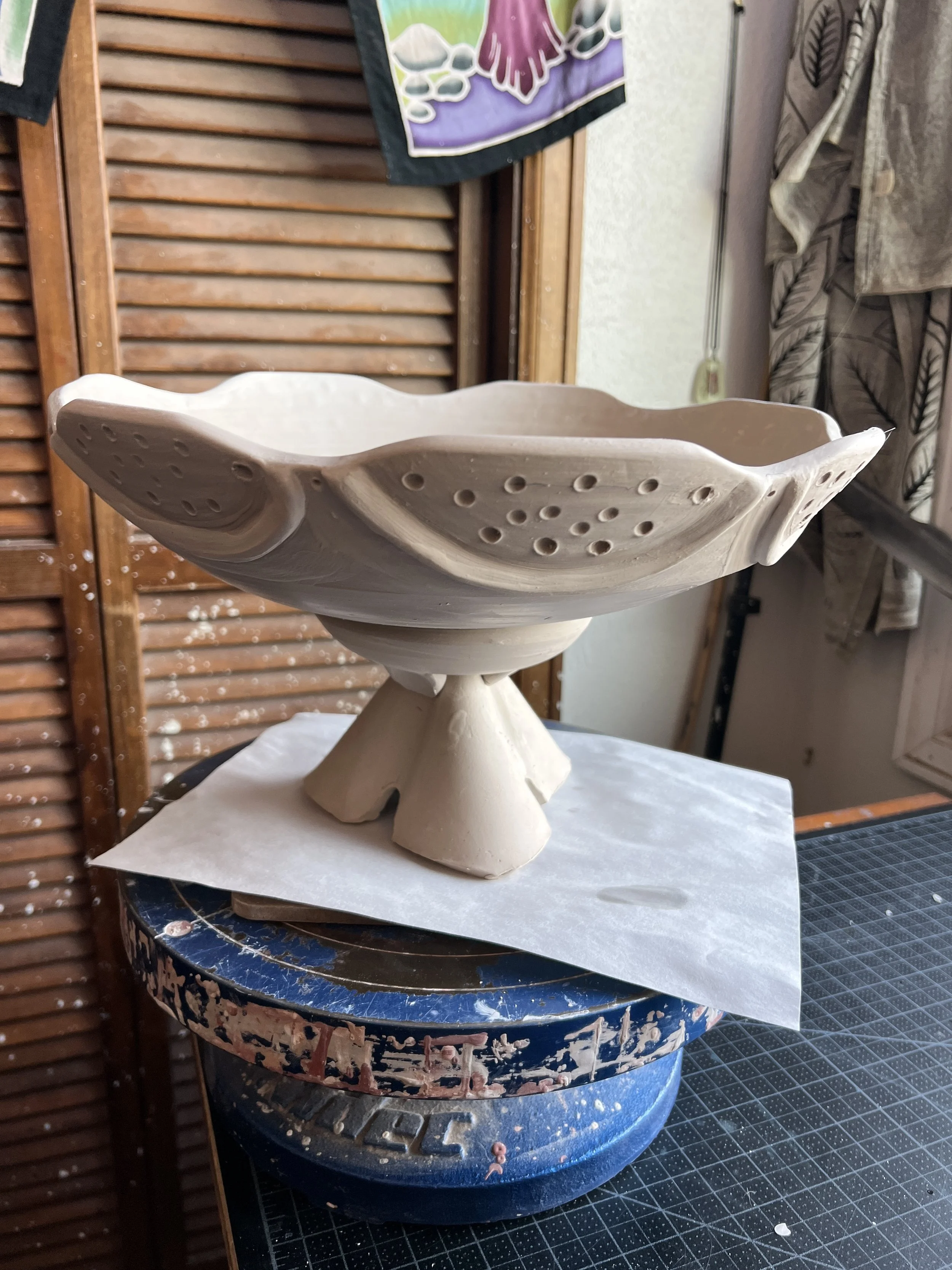 Pure frivolity—an elevated bowl currently in the greenware stage!