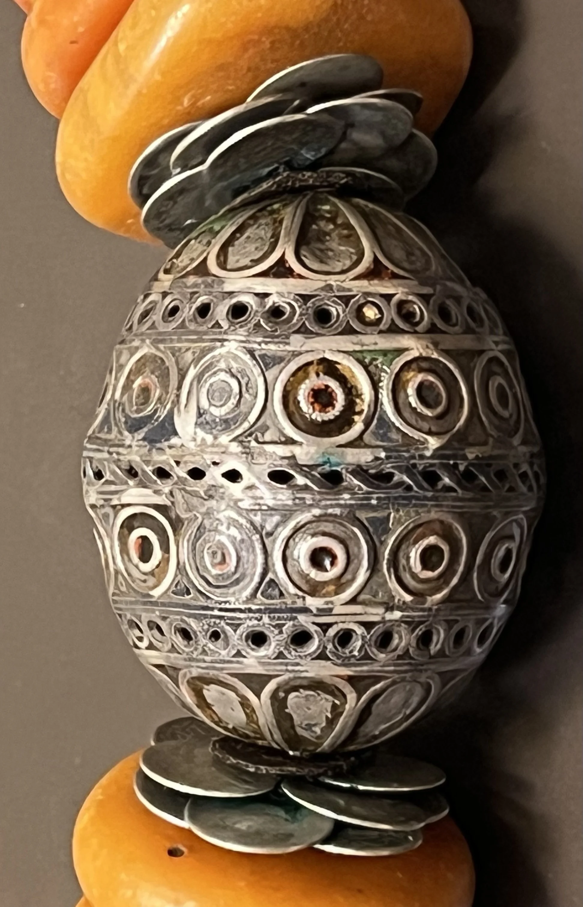 An interesting bead on an African necklace displayed at the Indianapolis Art Museum at Newfields. Seen during a recent trip.