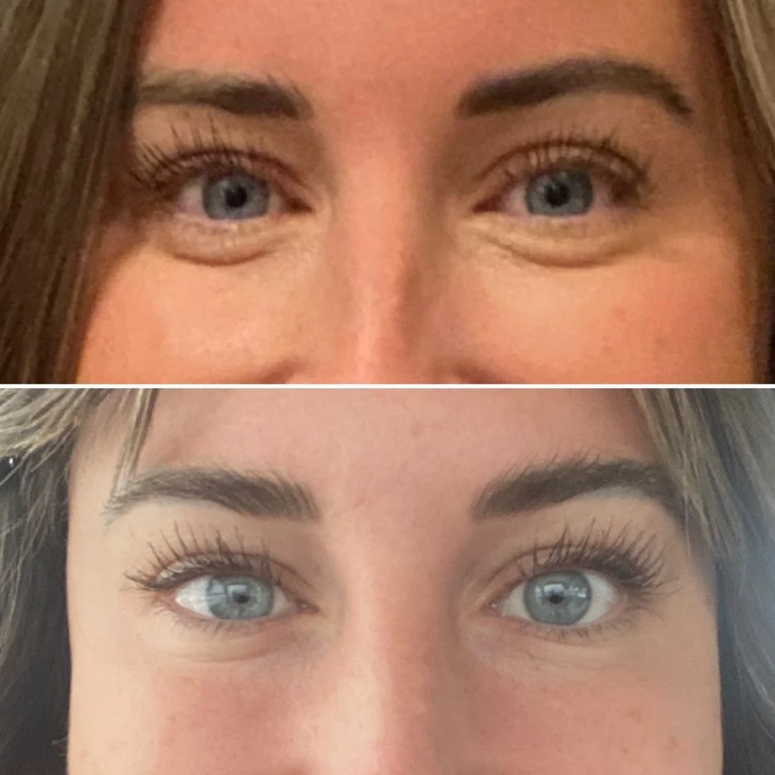 Comparison de deux personnes montrant leurs yeux, sourcils et partie du visage, un avec des longs cils et l'autre avec des cils plus courts.