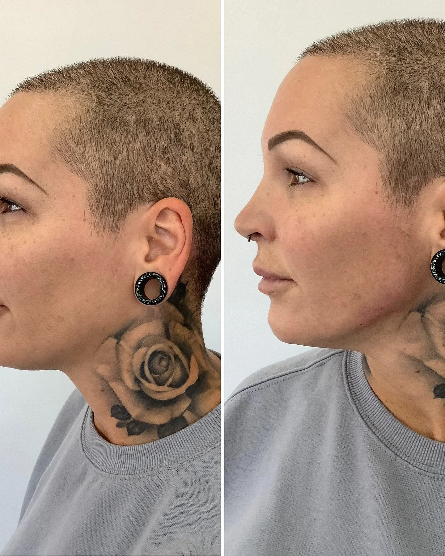 Comparaison avant et après une coupe de cheveux courte avec tatouages visibles sur le cou, portrait de profil d'une femme avec une boucle d'oreille.