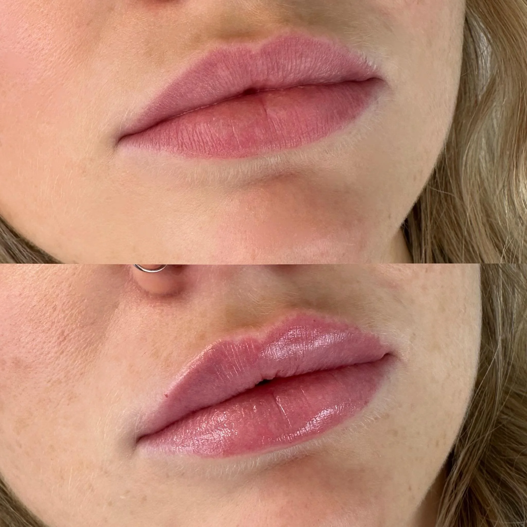 Comparaison des lèvres avant et après la pose de rouge à lèvres ou gloss.