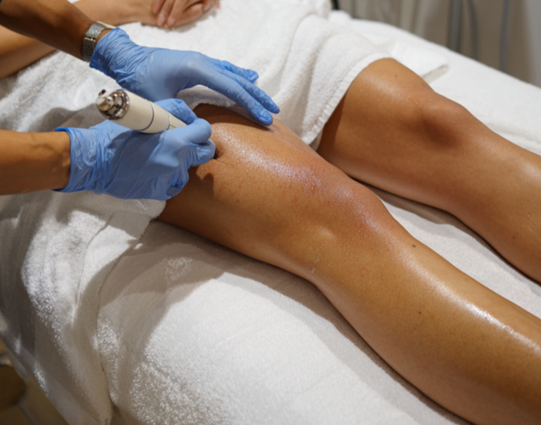 Une personne subit une procédure de soins ou de traitement sur la jambe à l'hôpital, avec un professionnel portant des gants bleus utilisant un appareil pour une thérapie ou une intervention.