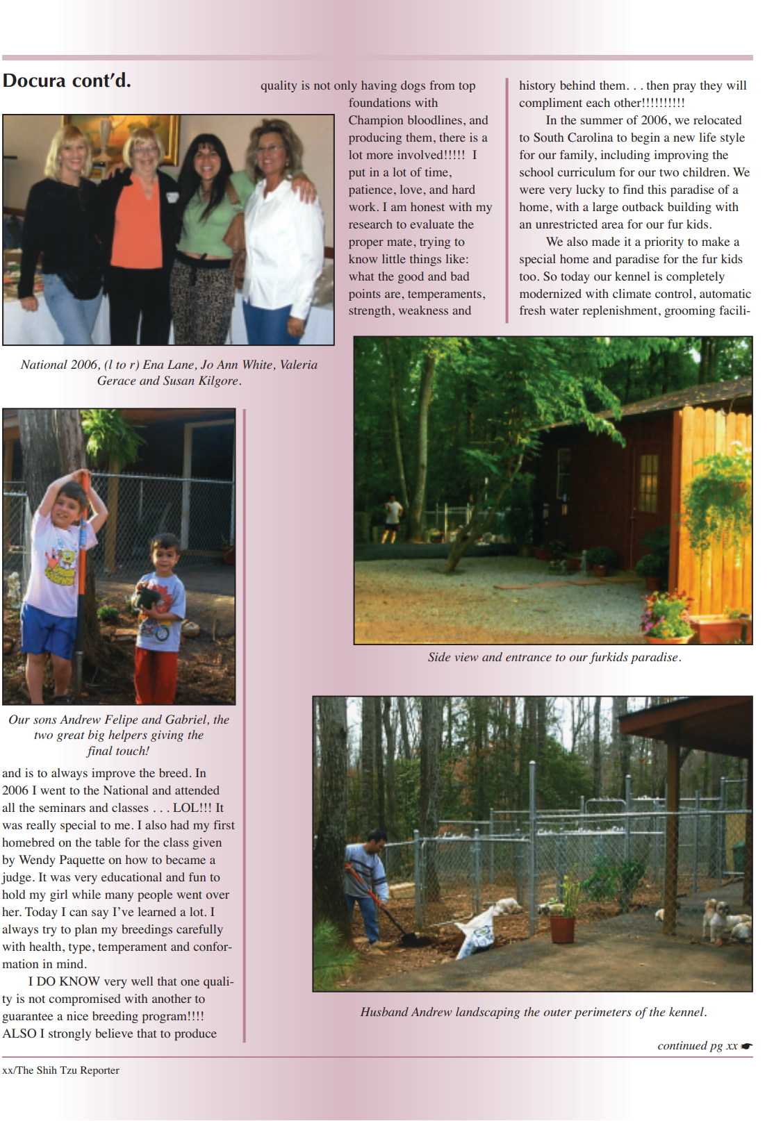 Page from a publication featuring photographs of four women, two children, and a landscape of a kennel with a fenced yard. Text describes the individuals' involvement with dogs, their move to South Carolina, and landscaping efforts around their kenne