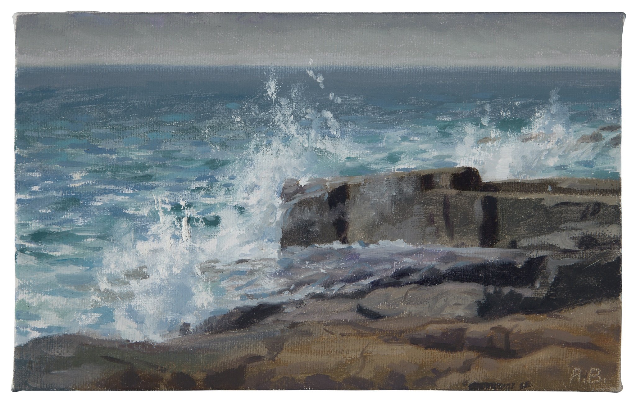 "Schoodic Surf", June 2016, oil on linen, 5"h. x 8"w.  Private collection.