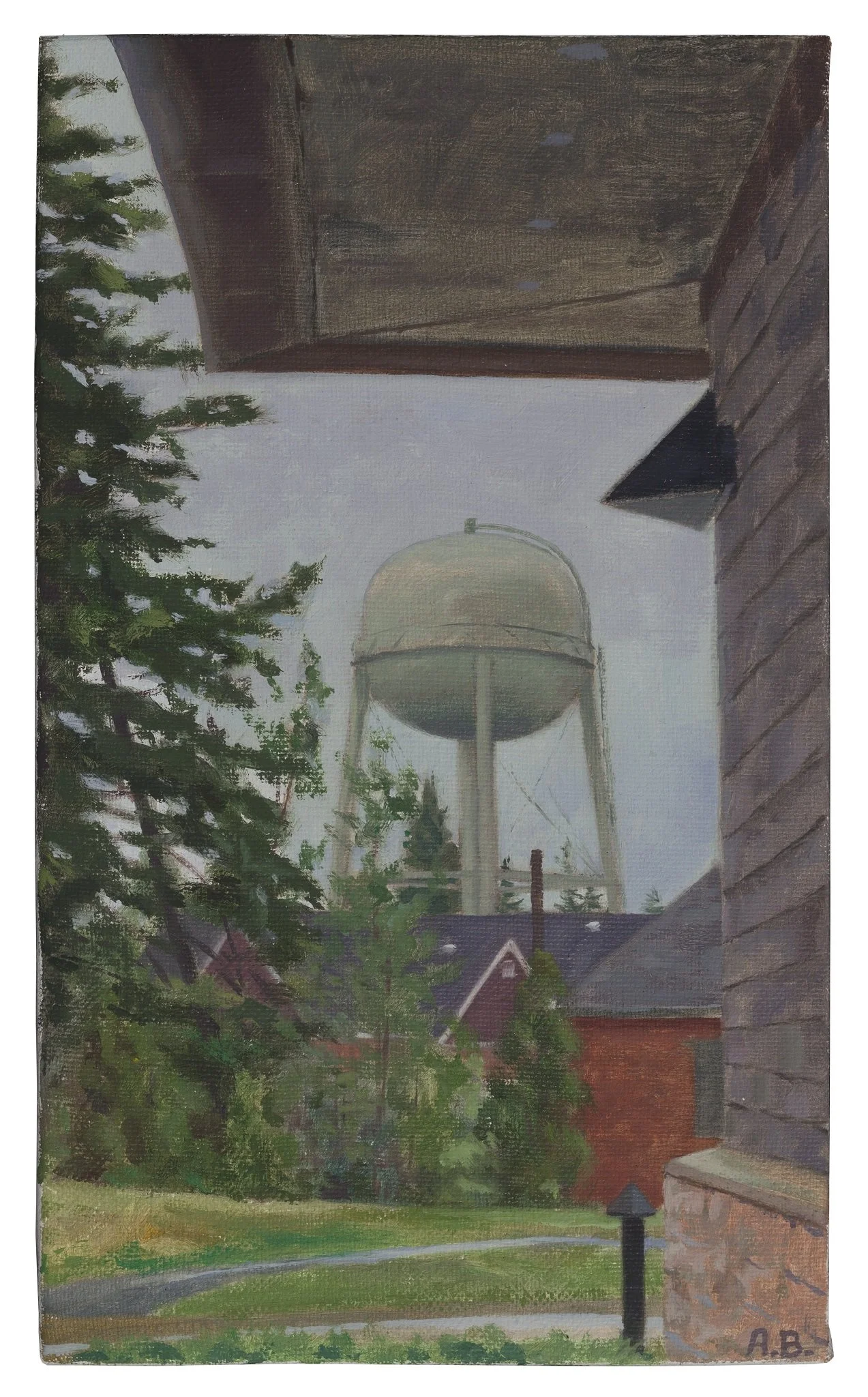 "Schoodic Freshwater Tower in the Rain", June 2015, oil on linen, 10"h. x 6"w.  Found in the "Landscape Paintings" series.