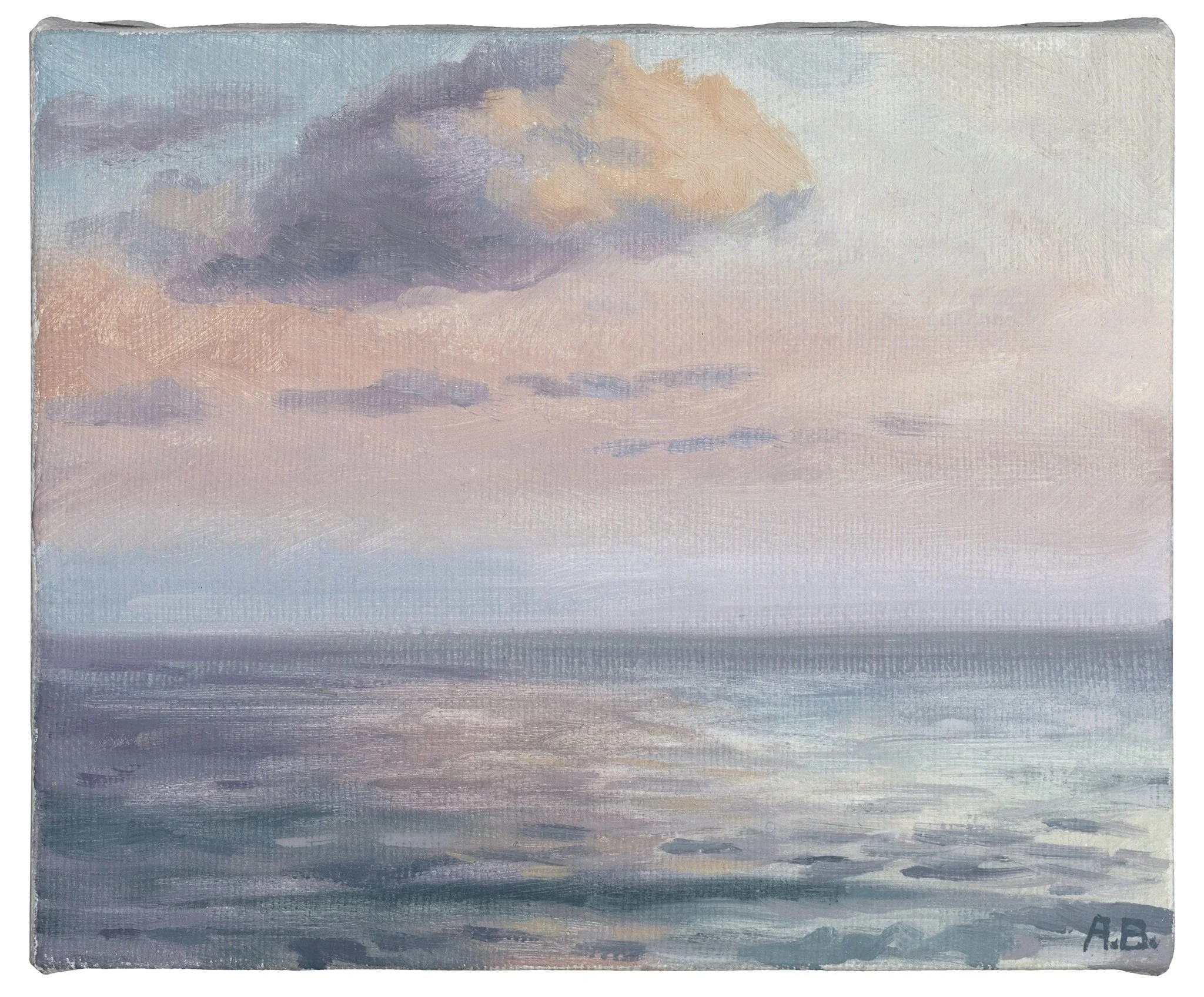 “Evening Reflections on the Atlantic Ocean", June 2016, oil on linen, 5"h. x 6"w.  Found in the "Landscape Paintings" series.