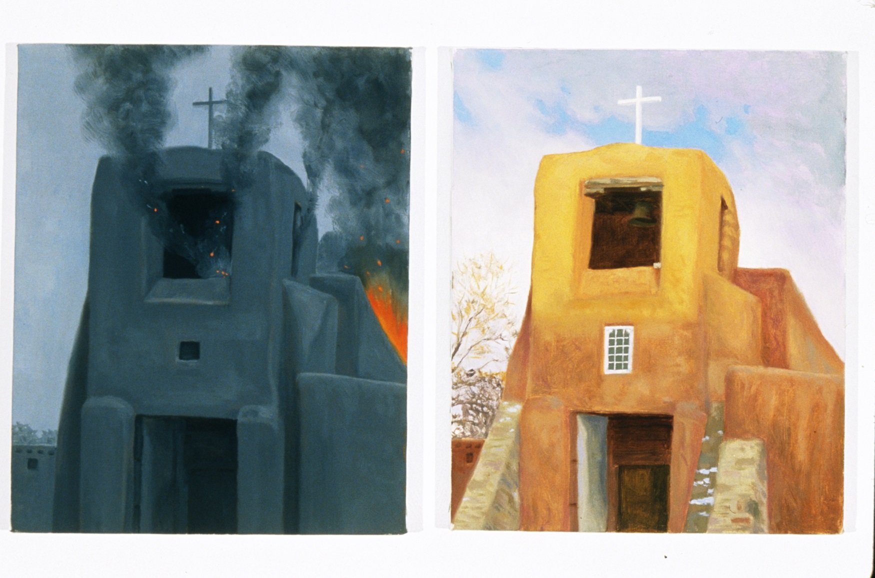 “From Servitude, Salvation? (Po-pe’s Revolt)”, diptych January 2002, oil on linen, 10”h x 16”w.
