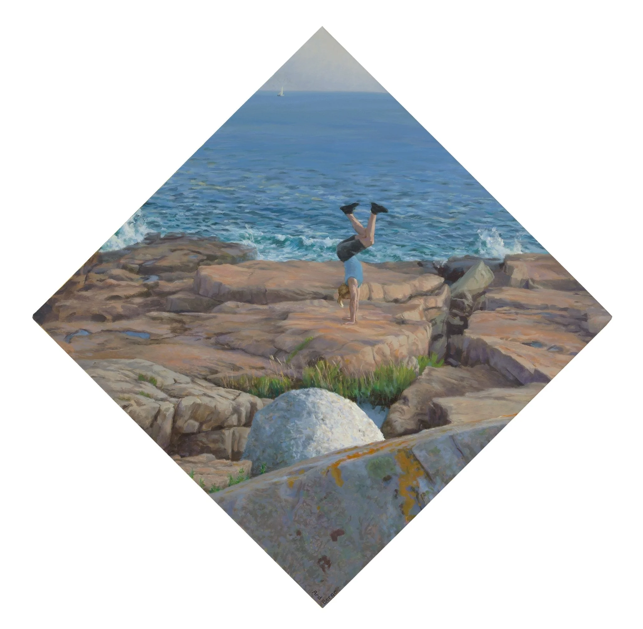 “Erratic=Acrobat=Sea (Joie de Vivre)” August 2023--July 2024, oil on linen, 28”h x 28”w (diamond).