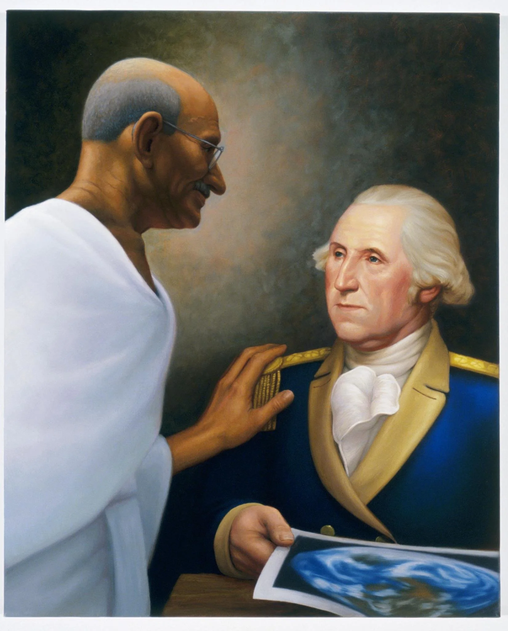 “Founding Fathers (Mahatma Gandhi and General George Washington)”, July-December 2003, oil on linen, 22”h x 18”w.