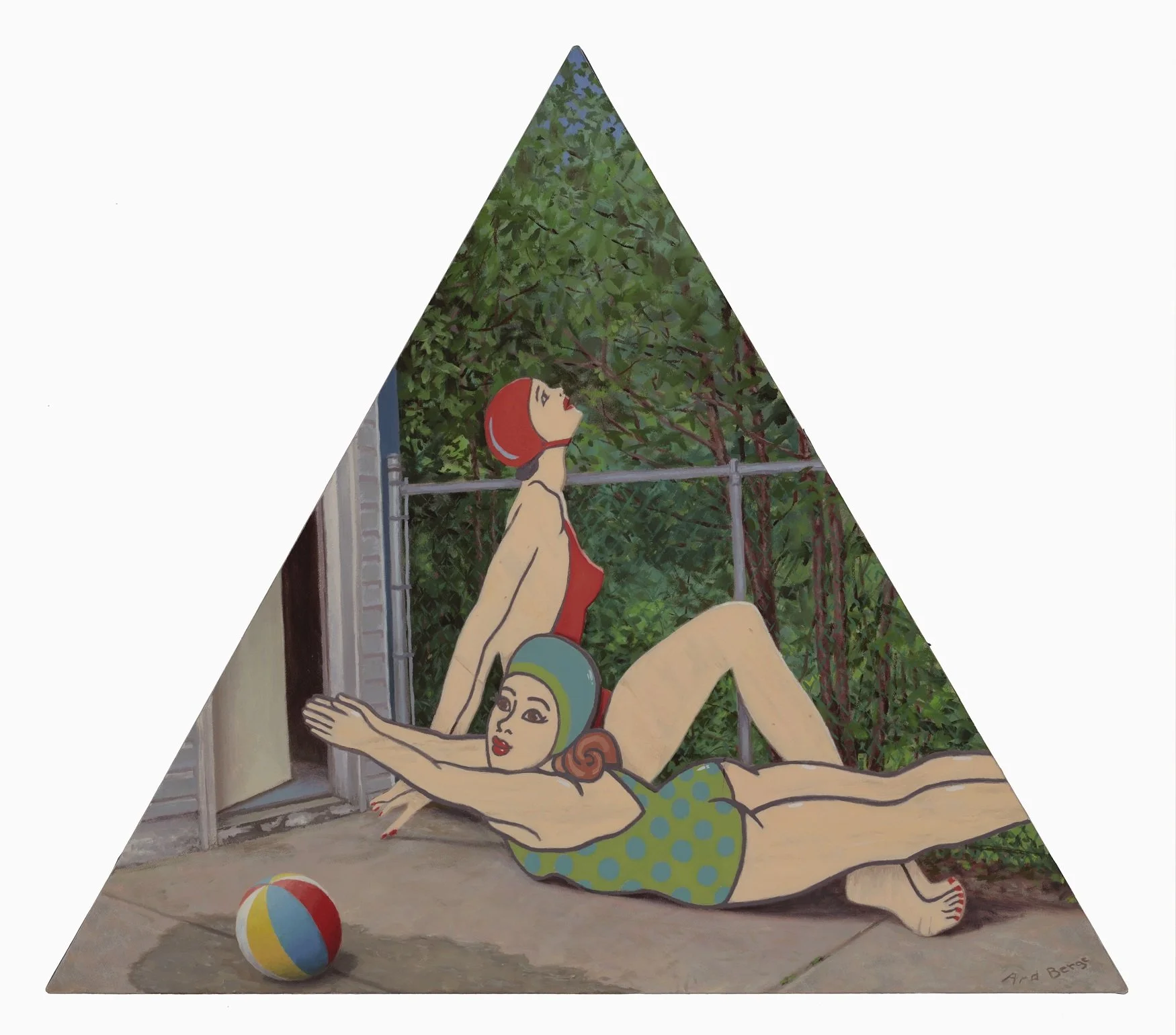 “Bathing Beauties” July 2021, oil on canvas, 26”h x 30”w (triangle).  