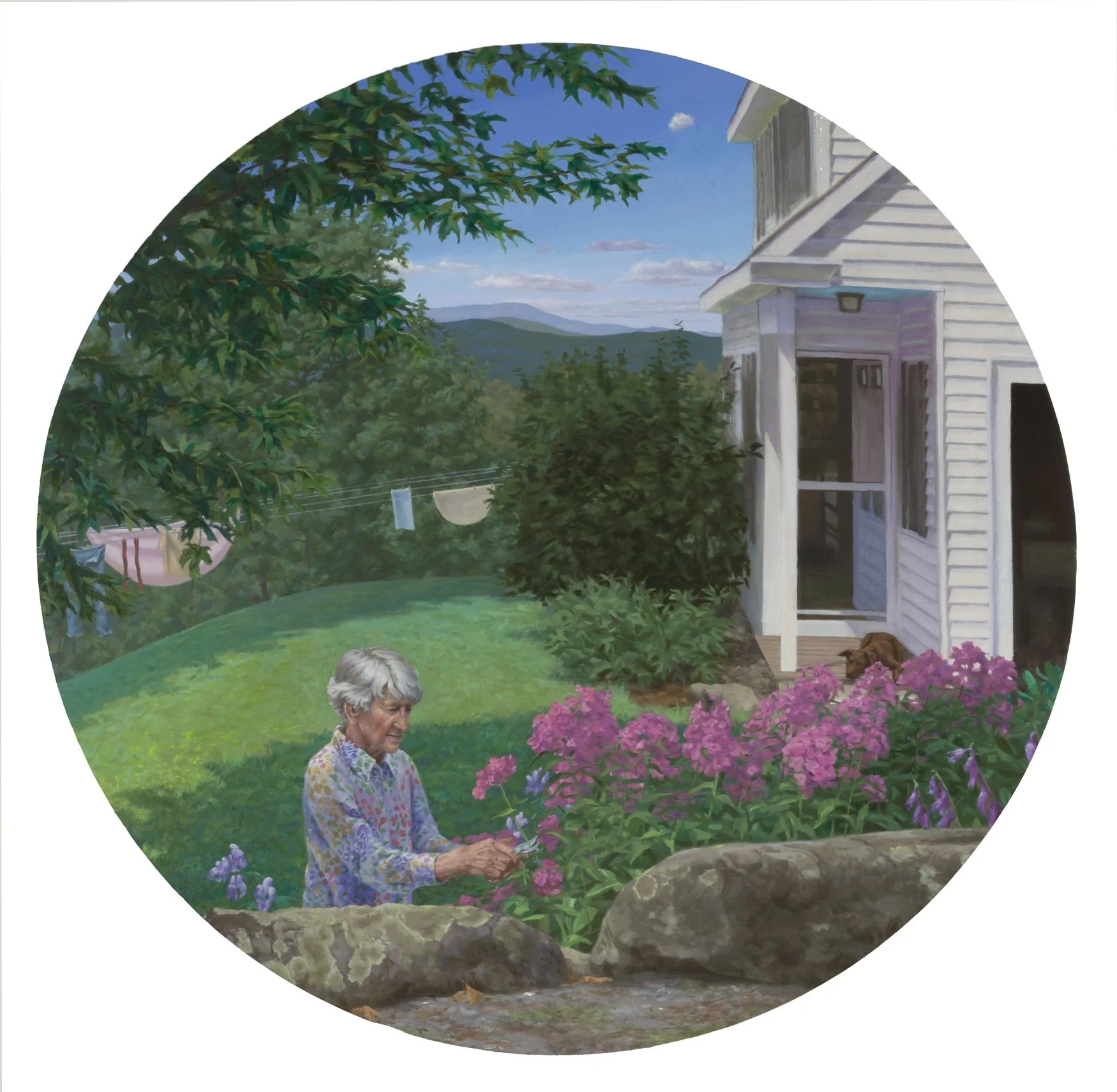 “The Bouquet (Picking Flowers at 99)” August 2018-January 2023, oil on canvas, 48”w. (tondo). 