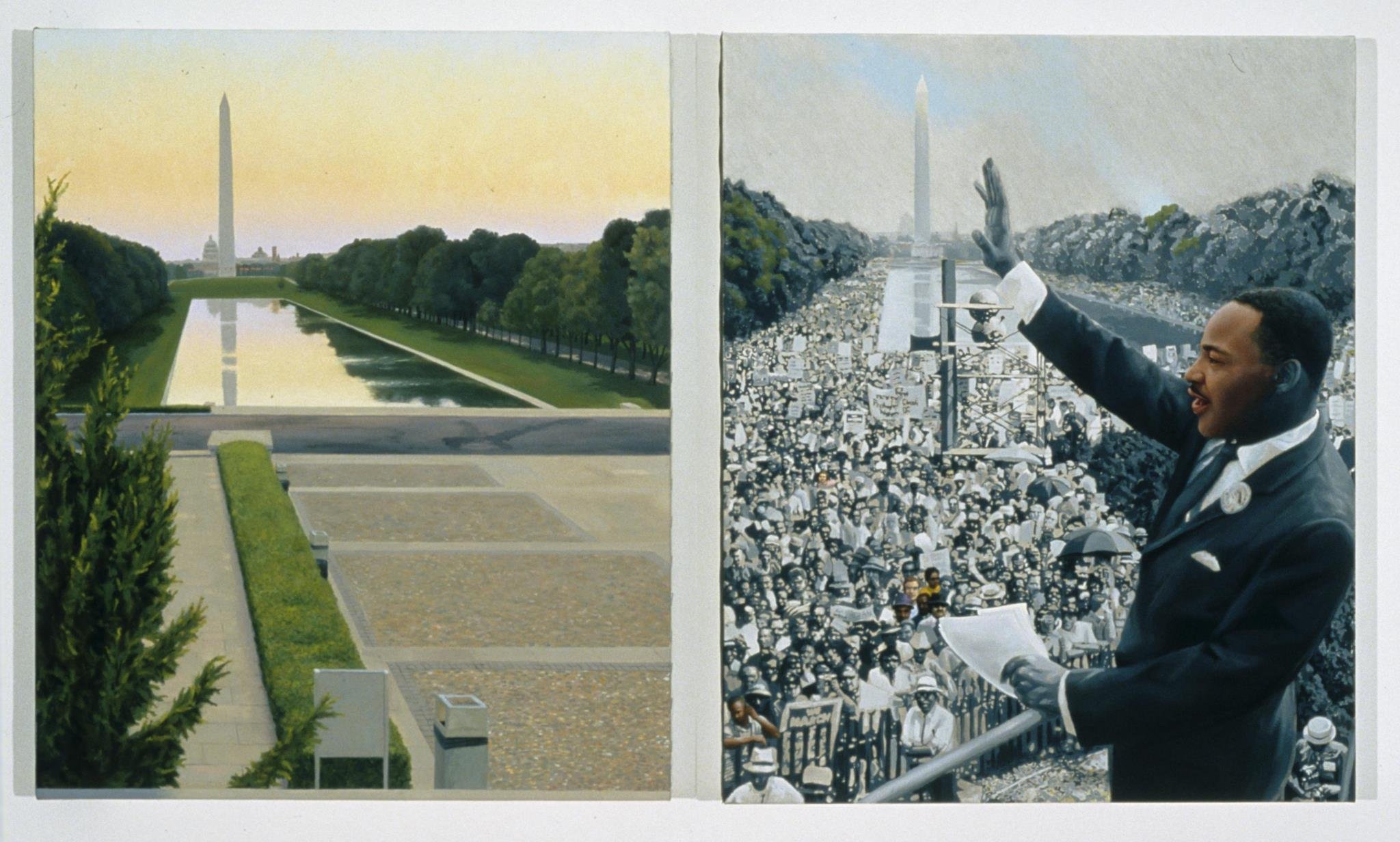 “Dreamscape (Dr. Martin Luther King, Jr.)”, diptych August 2001-October 2002, oil on linen, 22“h x 36“w.  Collection of the Art in Embassies program in the US Embassy in Libreville, Gabon.  Found in the "Diametrics" series.