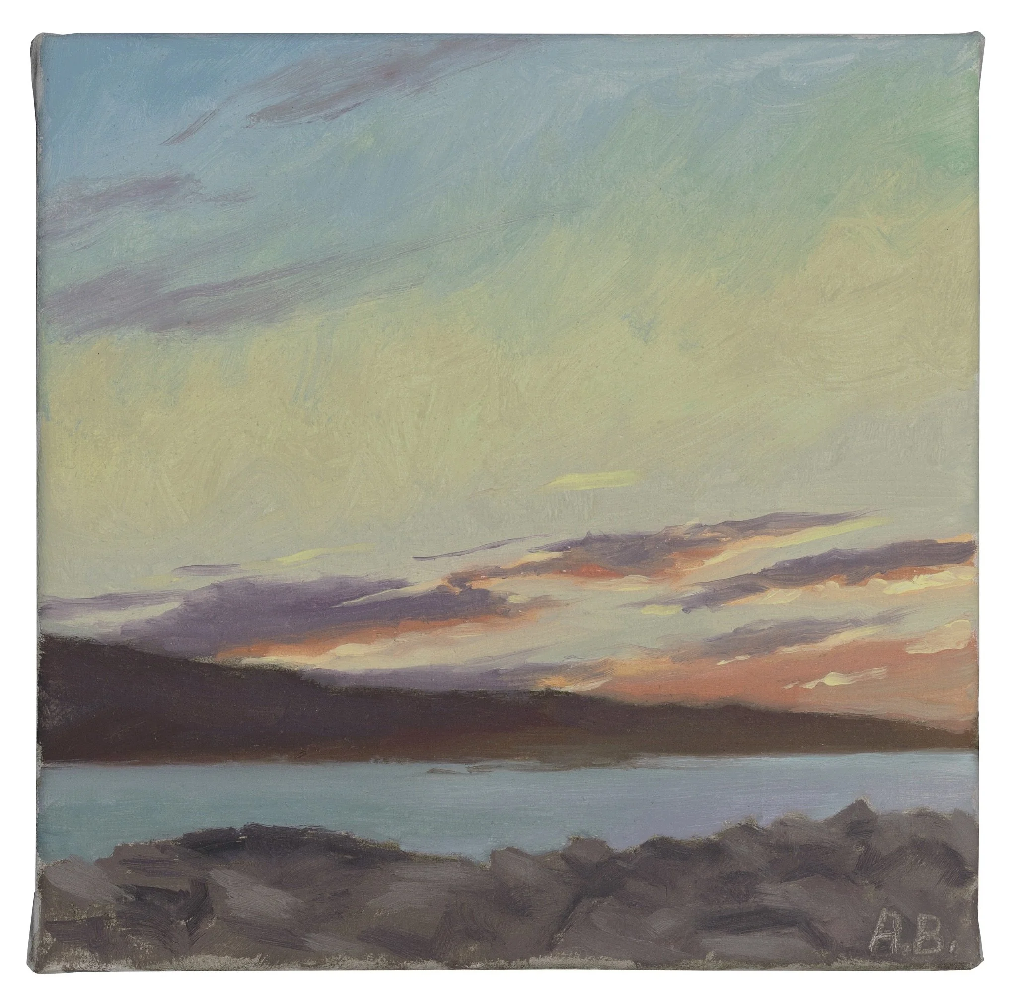 “Schoodic Sunset Glow", June 2015, oil on linen, 5"h. x 5"w. 