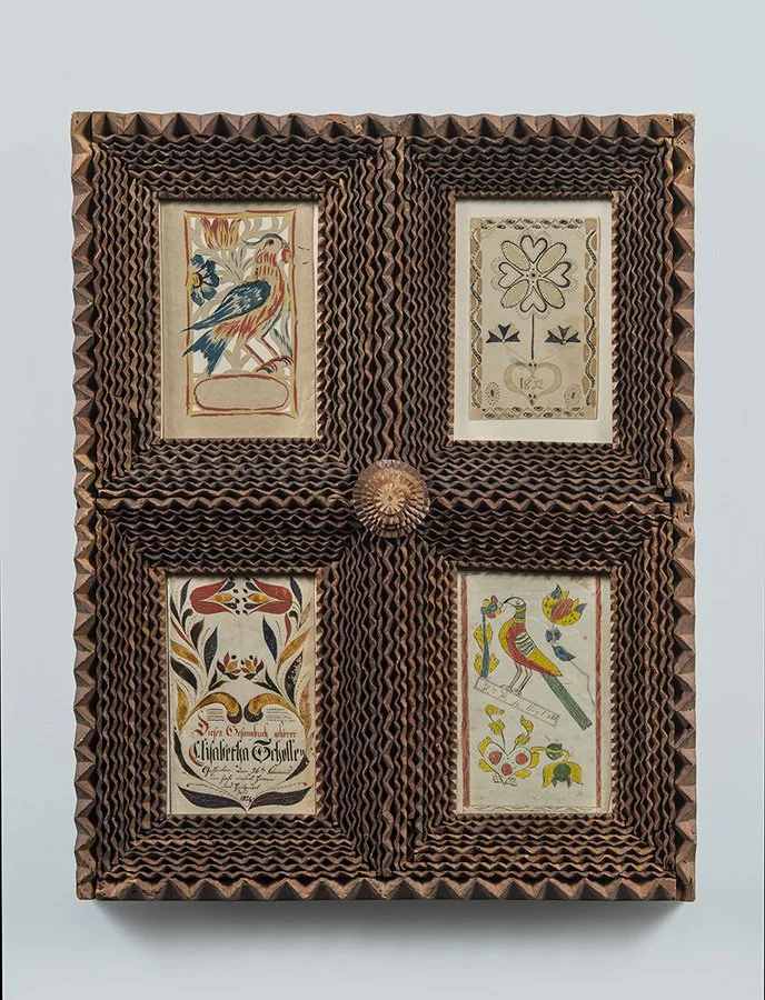 Four Fraktur Bookplates in a Carved Frame