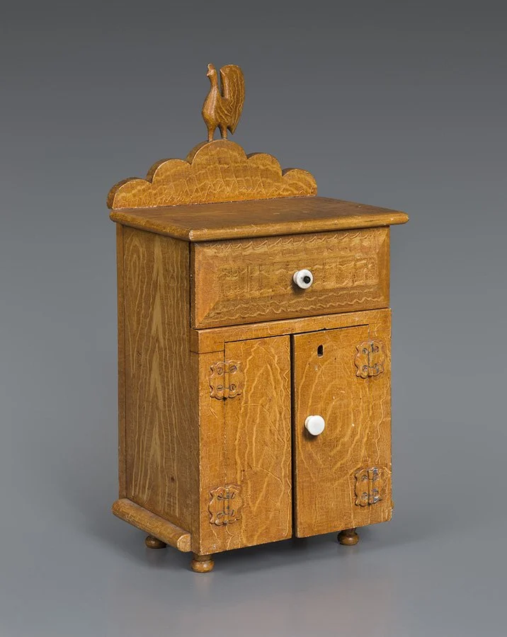 Miniature Grain-Painted Cupboard with Carved Rooster Ornament