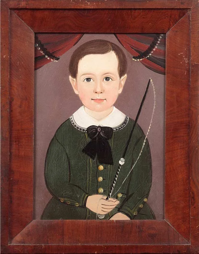 Portrait of a Boy in a Green Jacket Holding a Whip