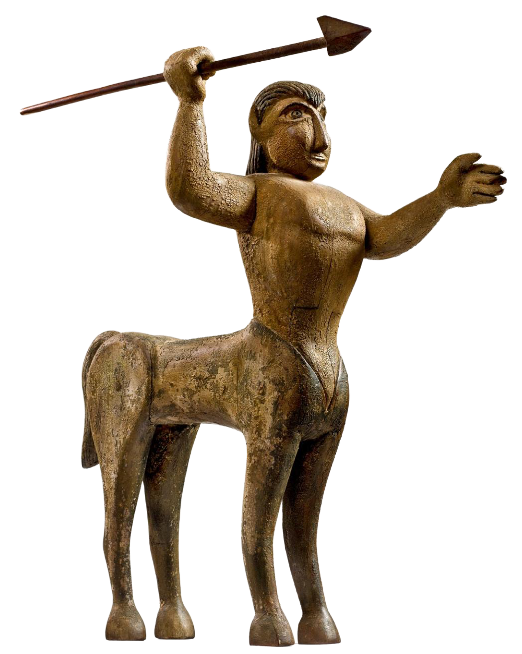 Bronze sculpture of a centaur with the upper body of a man and the lower body of a horse, holding a spear aloft in one hand and extending the other arm outward.