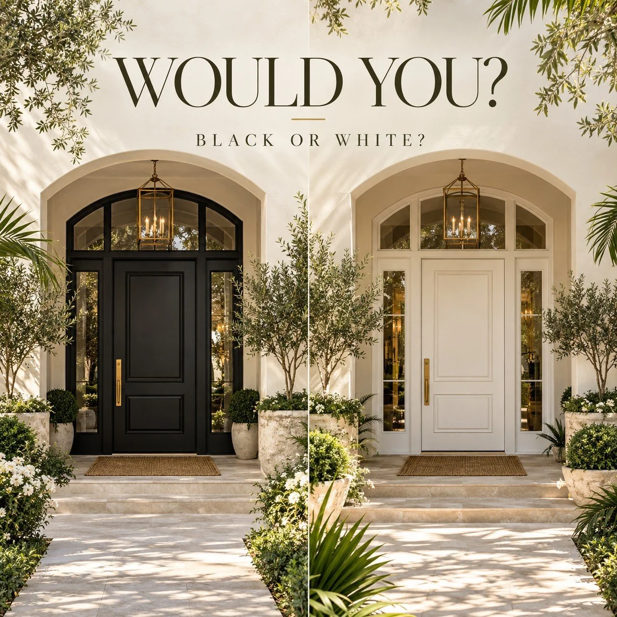 I already know my answer.
BLACK. 🖤
Give me a beautiful white Florida house, greenery, warm brass hardware and a black front door and I am pretty much sold.
White is classic and beautiful...
&hellip;but black has my vote.

What about you &mdash; BLAC