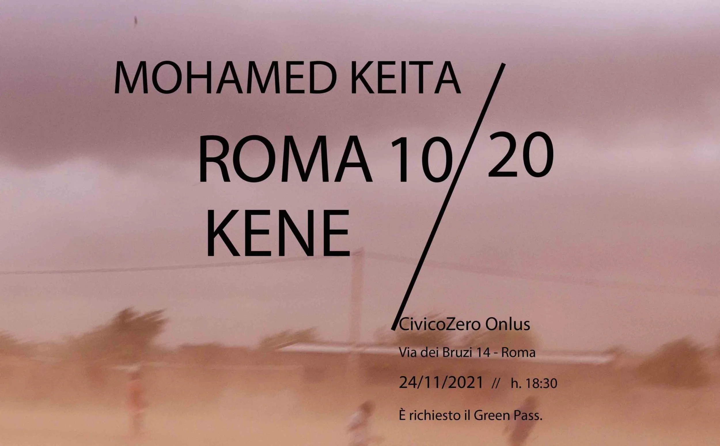 Event poster with a blurred background of a cloudy sky and wind-blown trees, showing details for an event by CivicoZero Onlus in Rome on November 24, 2021, at 6:30 PM, requiring Green Pass.