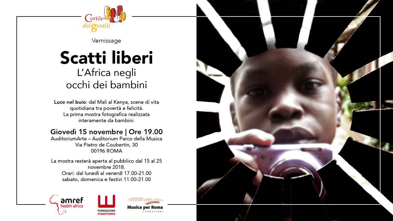 Event poster titled "Scatti Liberi" featuring a young African child holding a camera, with black and white geometric patterns around the child's face. The poster includes details about an exhibition on Africa through children's eyes, opening on November 15th at 7:00 PM in Rome, Italy.