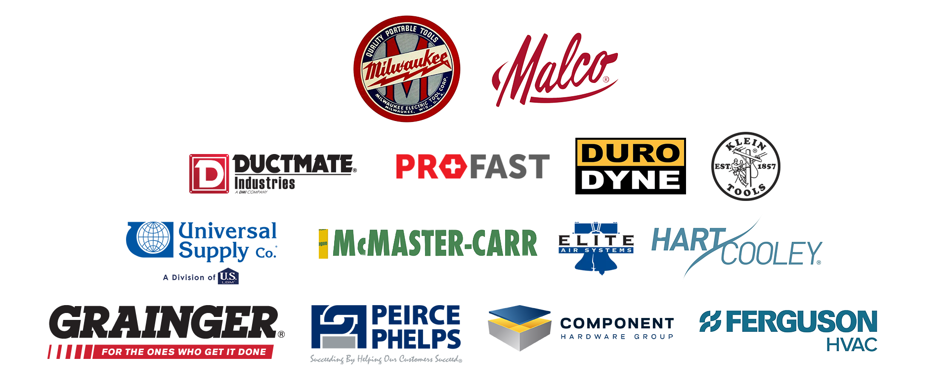 A collection of logos from various industrial and manufacturing companies, including Milwaukee, Malco, Duro Dyne, McMaster-Carr, Hart Cooley, Ferguson HVAC, and others displayed on a black background.