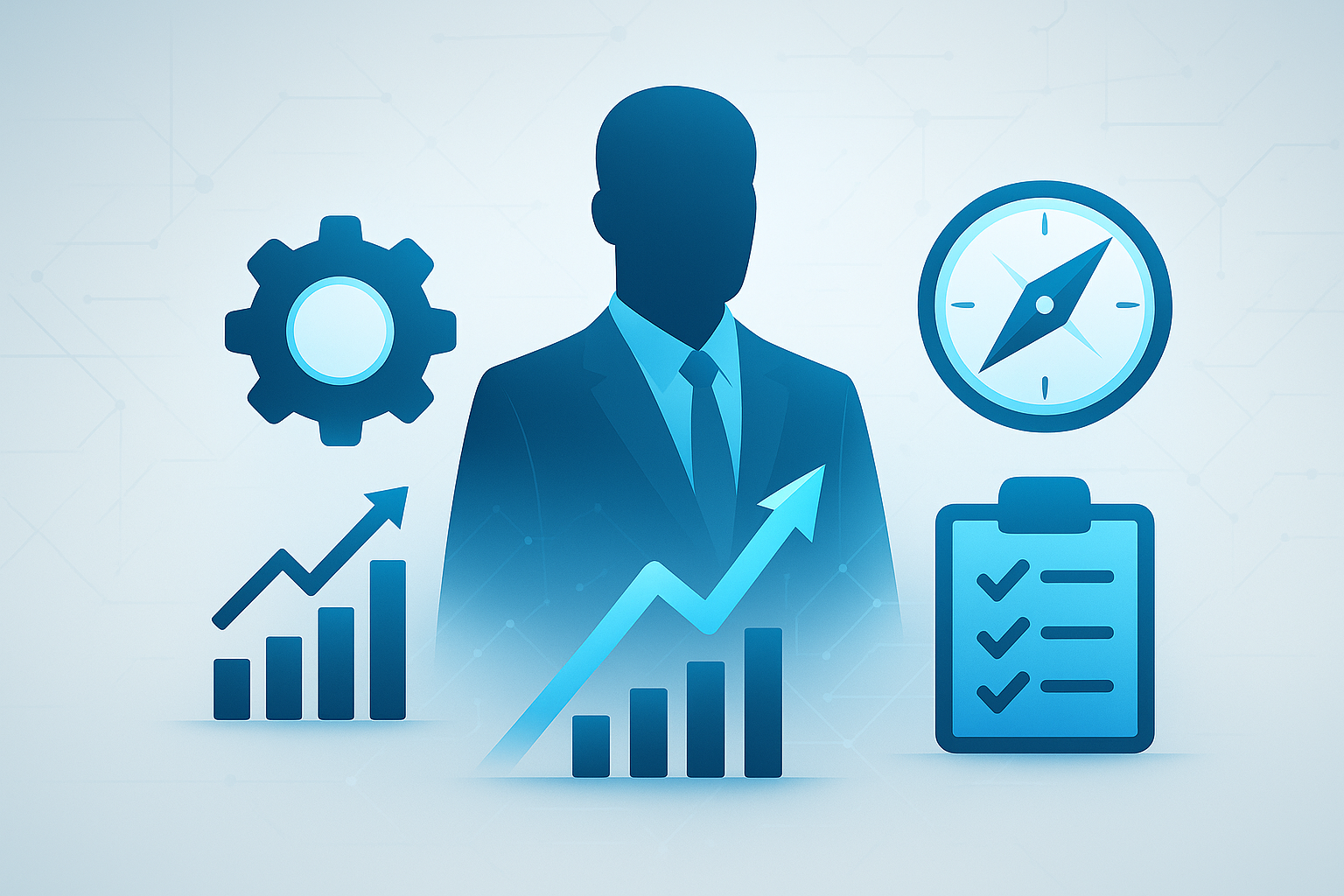 Fractional IT leadership depicted man silhouette surrounded by icons representing technology, improved performance with an upward graph, leadership direction compass, checklist, and arrow, symbolizing business growth and strategy.