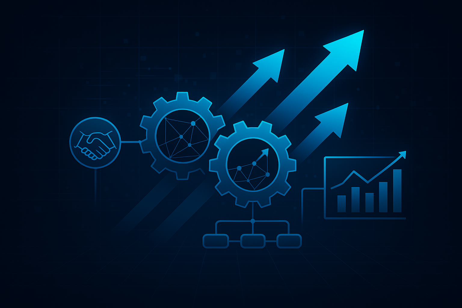 Program and Transformation management in a digital graphic of business growth concepts, including gears and upward arrows, collaboration with a handshake icon, a network diagram, a flowchart, and a bar chart with an upward trend.