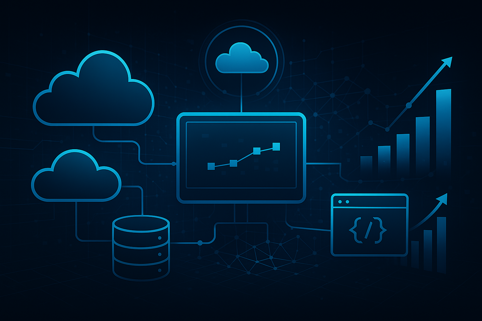 Digital illustration of cloud computing, SaaS, data integrations, and business growth graphs, featuring icons of clouds, a database, a computer screen with a graph, and upward trending graphs in blue.