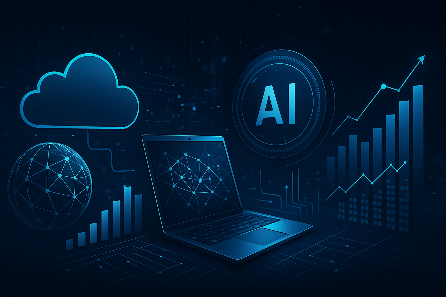 Digital illustration of modern core systems, optimize results and deliver outcomes through technology with AI, a laptop, cloud, globe, and graphs showing data trends, all in blue tones.