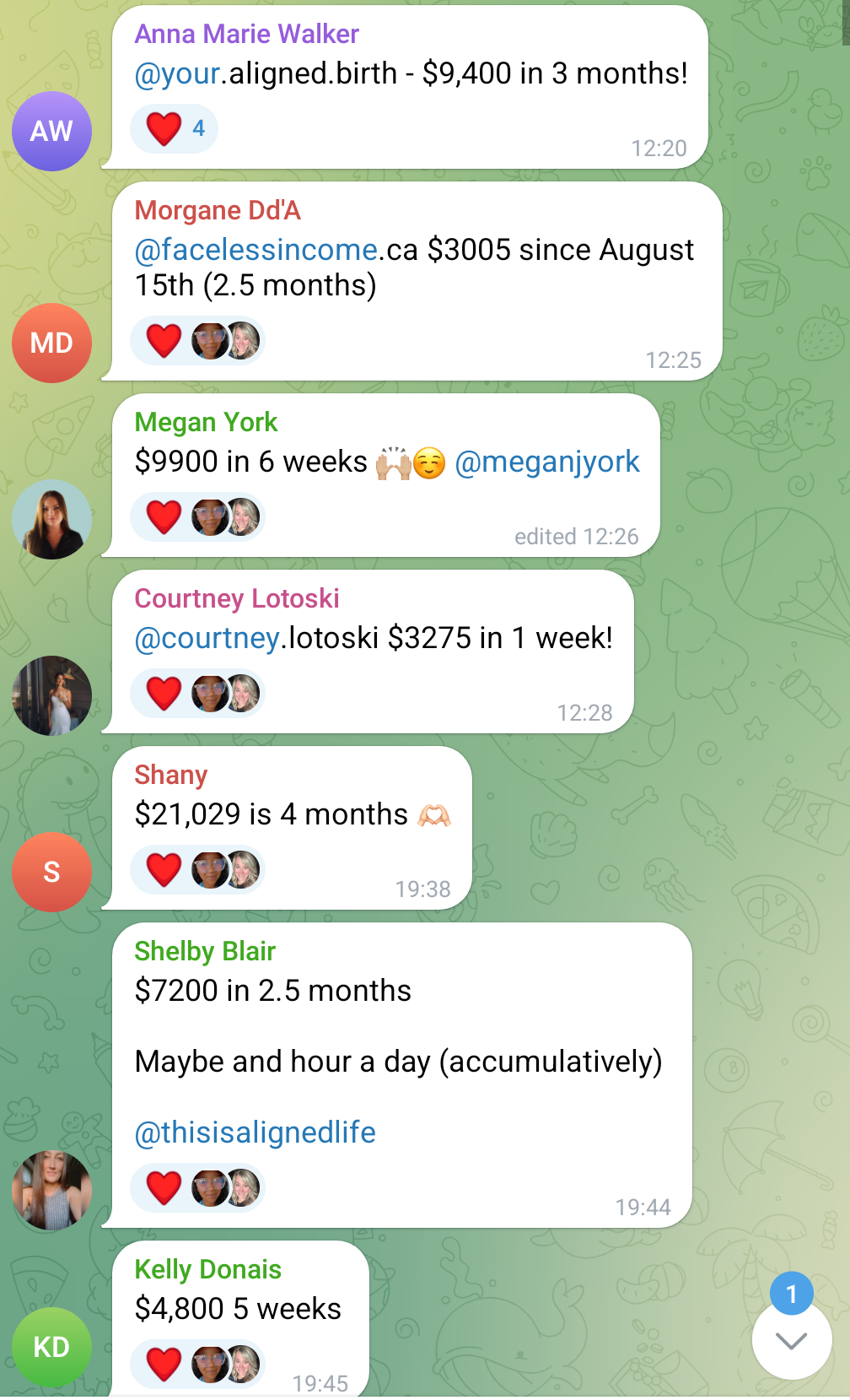 A screenshot of a group chat with various messages about different financial earnings and goals, each message displays the name, contact handle, and specific earnings or financial milestones, with some messages including emojis and timestamps.