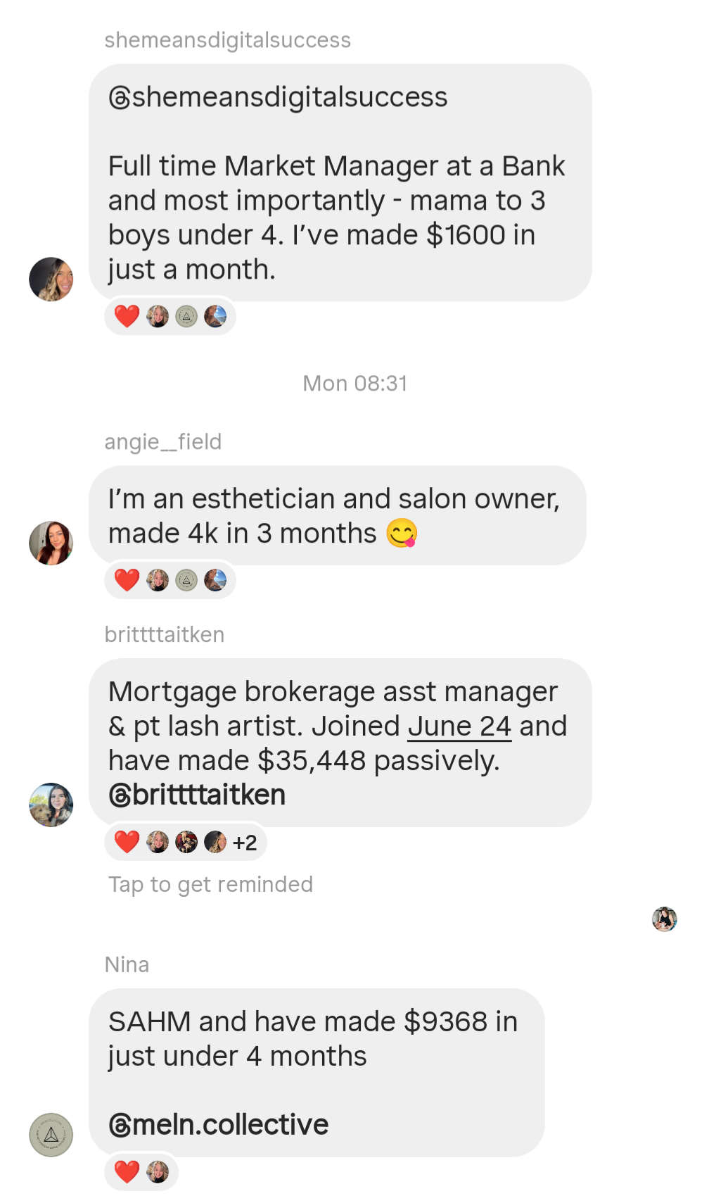 Screenshot of a group chat discussing income achievements of various individuals through different professions and online businesses.