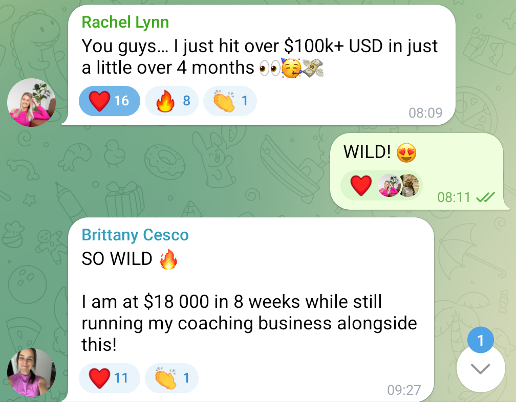 A WhatsApp chat conversation with messages discussing financial success, including emojis for excitement and celebration, and profile pictures of three women.