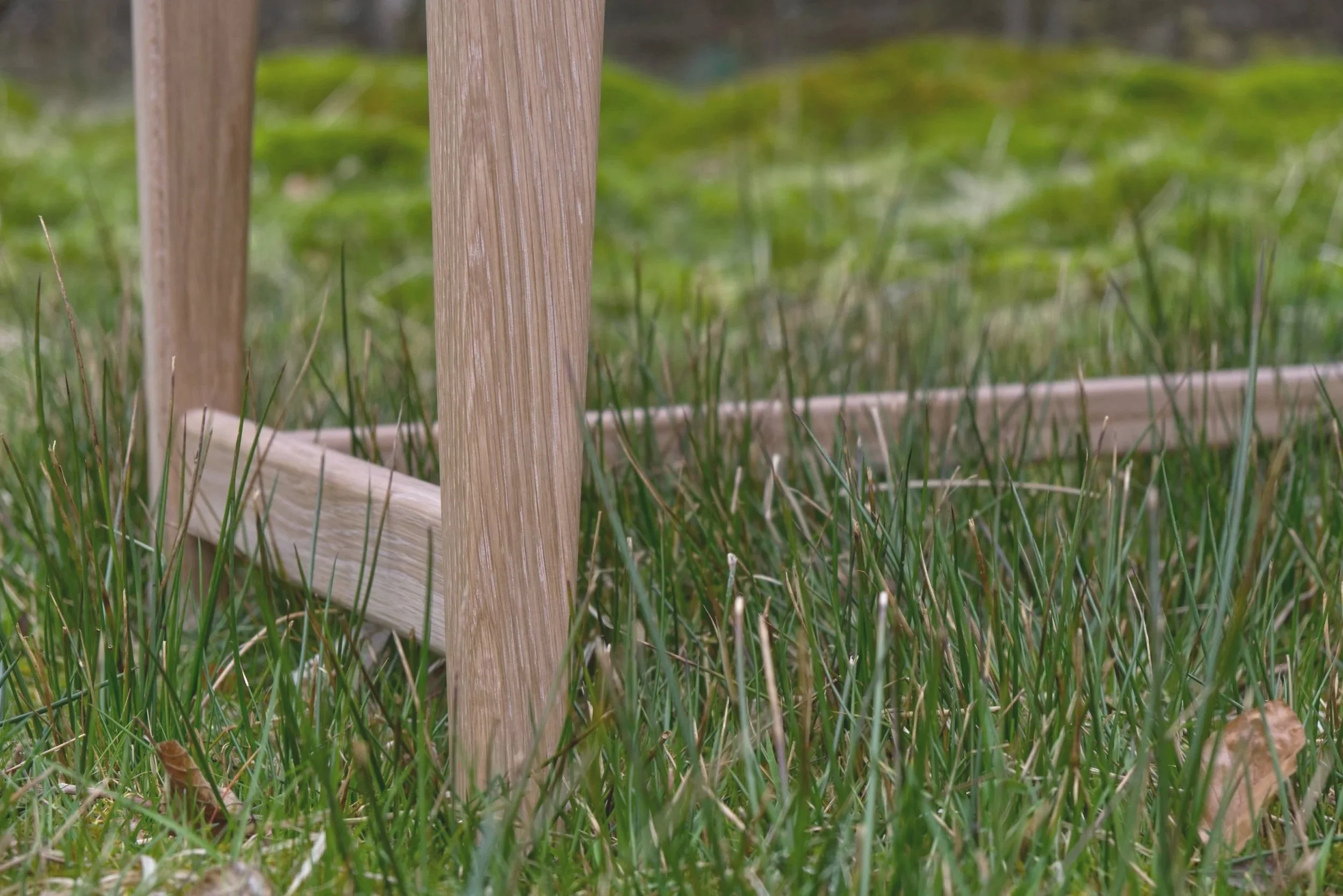 Close-up of wooden stakes in green grass, possibly part of a garden bed or structure.