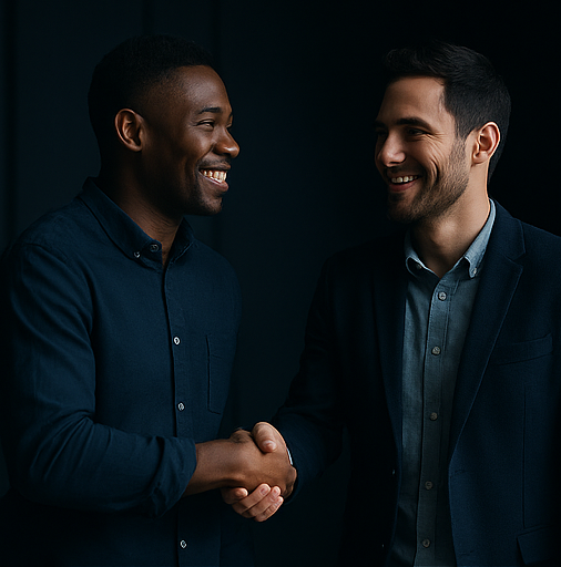 Two men shaking hands and smiling at each other in a dark background.