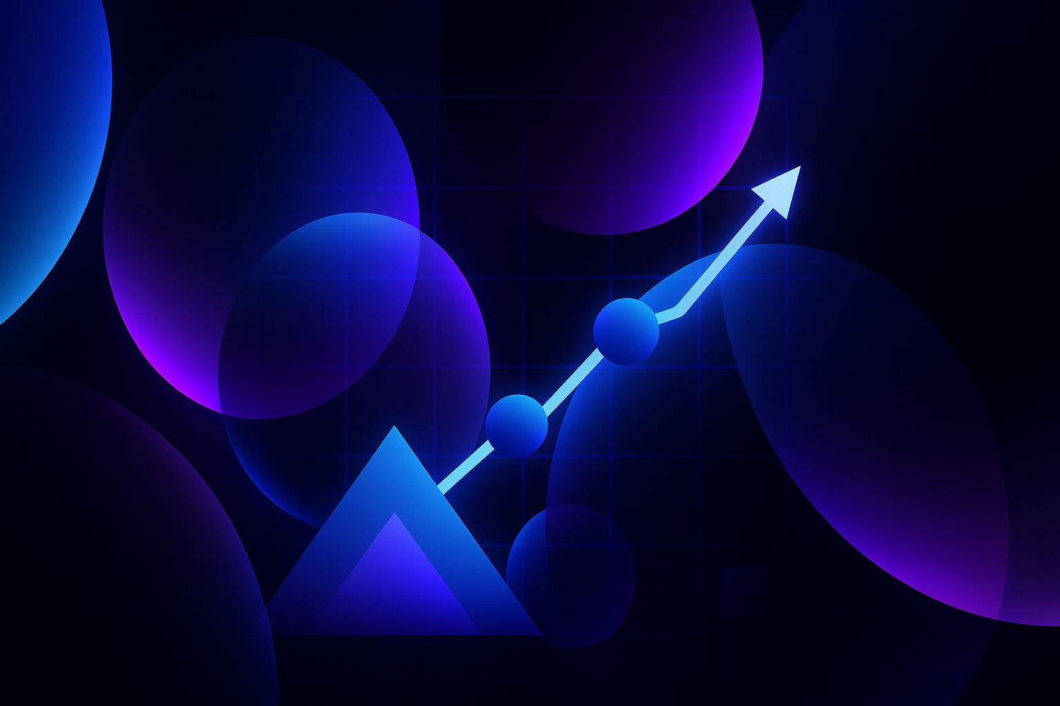 Digital illustration of a rising stock market arrow with blue spheres, abstract circles, and a mountain shape on a dark background with purple and blue lighting effects.