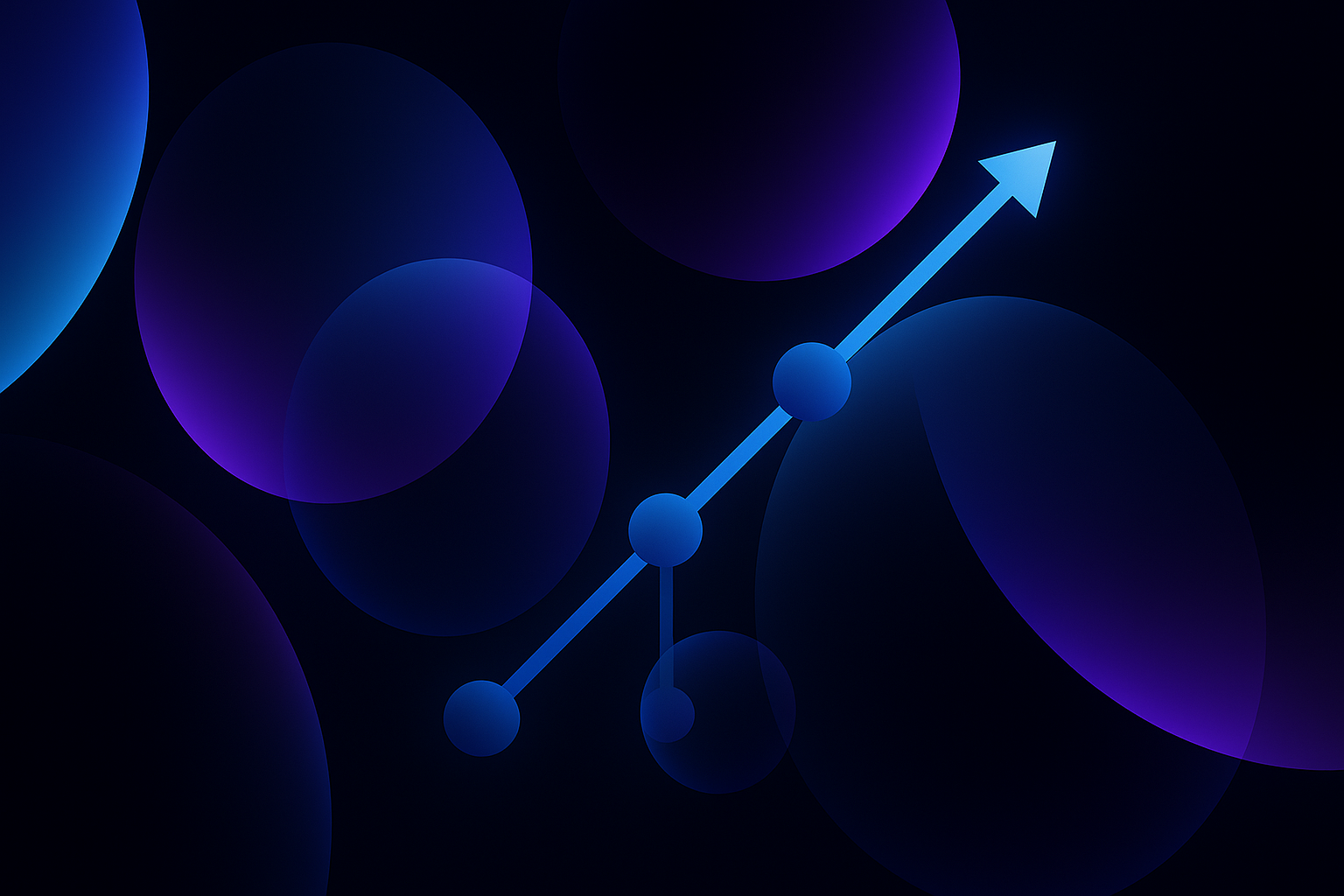 A digital graphic depicting an upward trending blue line graph with circular data points, overlaid on a dark background with purple and blue glowing circular shapes.