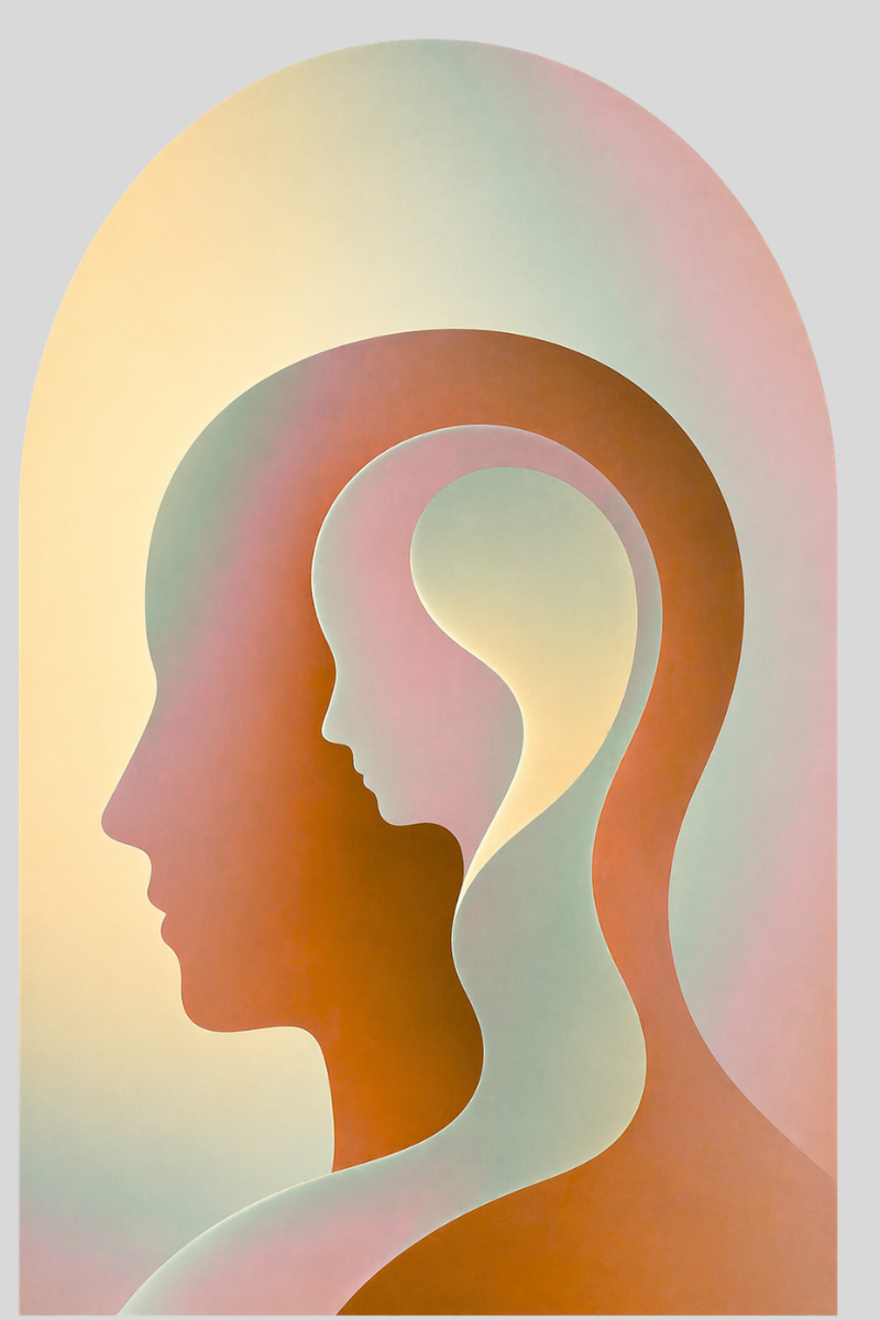 Abstract artwork depicting layered profiles of human faces in pastel colors, with a smaller face inside a larger one, symbolizing growth or internal reflection.