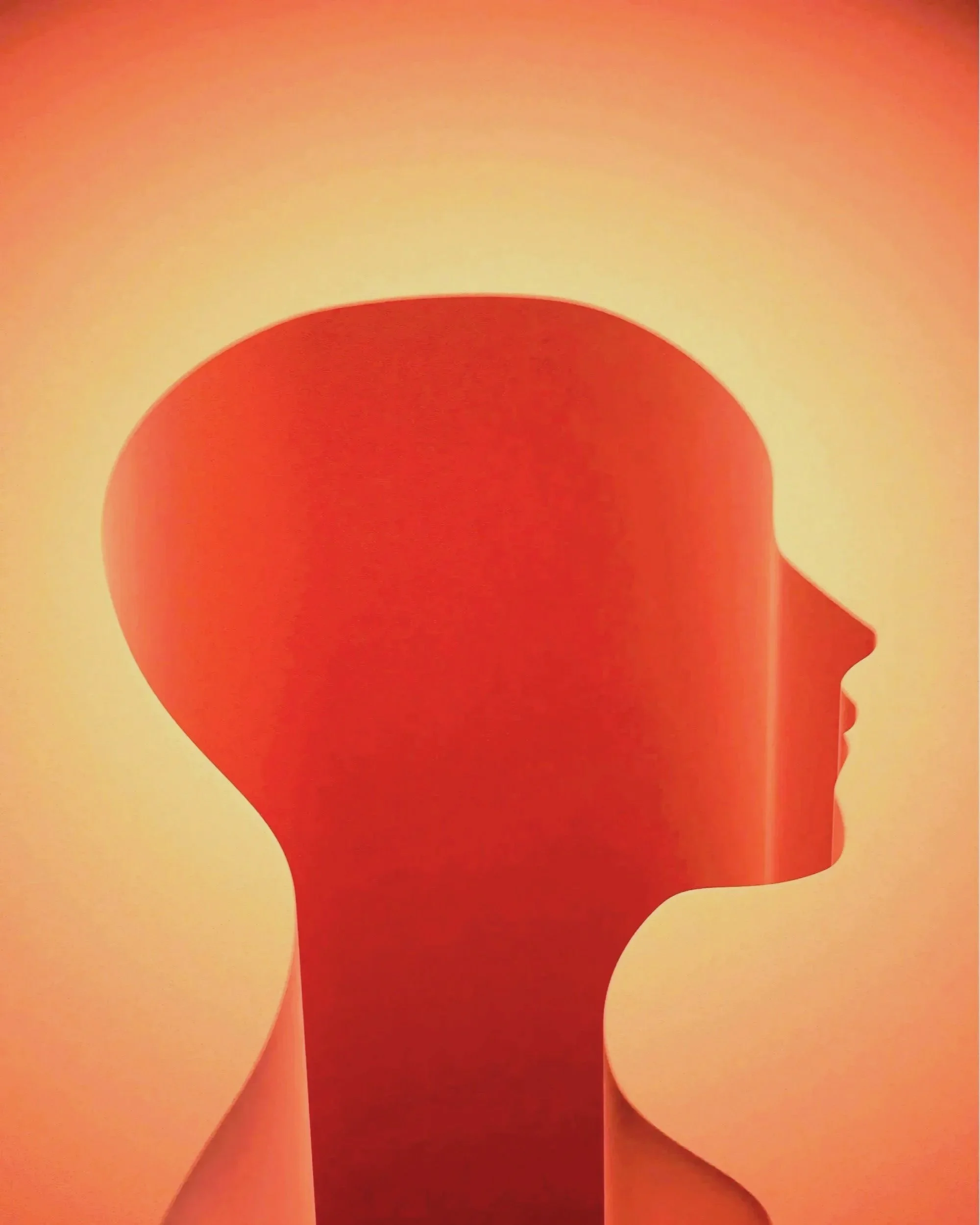 Silhouette of a person's profile against a pink-orange gradient background with abstract circular shapes.