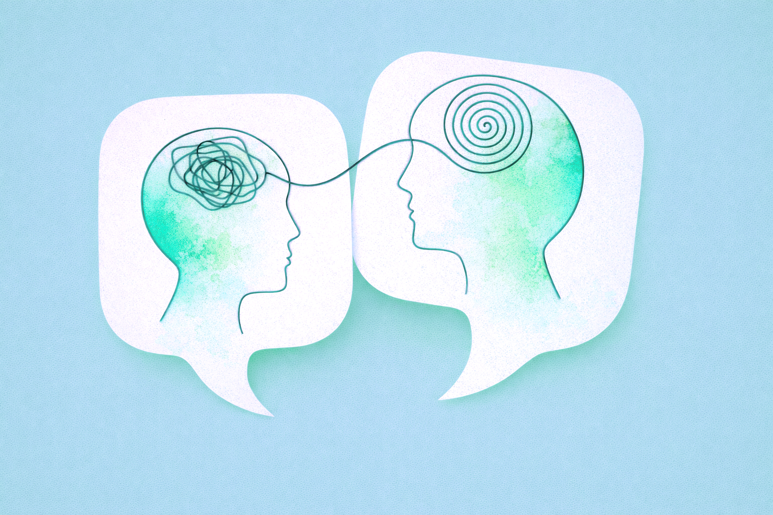 Two outlined human profiles facing each other, with their brains depicted as swirling lines inside speech bubbles, representing conversation or communication.
