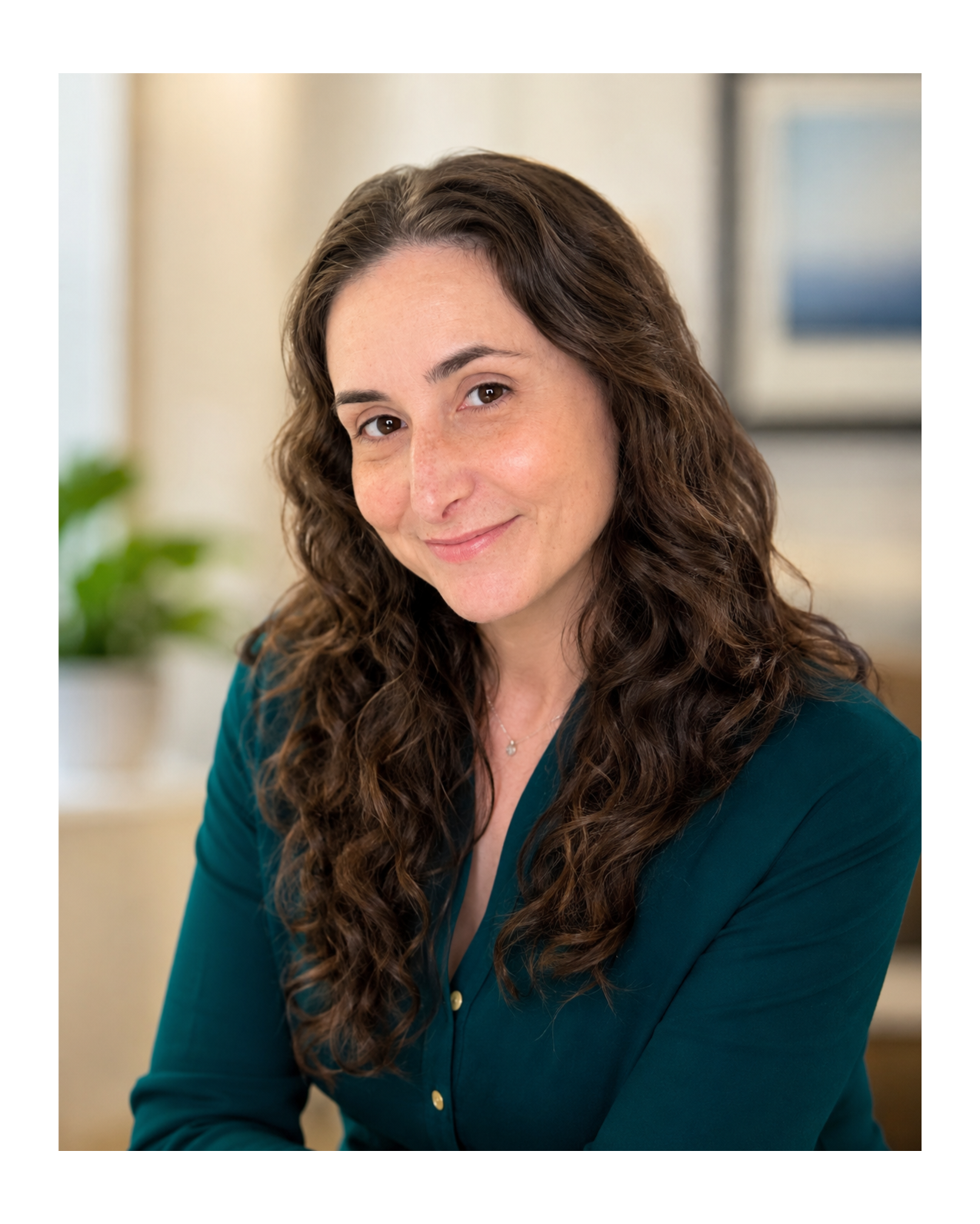 A woman psychiatrist, with long, curly brown hair and a friendly smile, wearing a teal blouse with gold buttons and a necklace, sitting in a well-lit room with a blurred background, a clinic, including a potted plant and a framed picture.