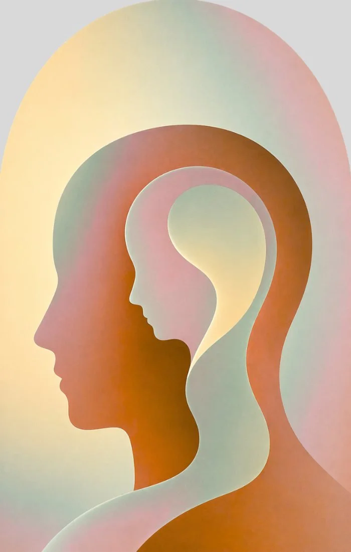 Abstract artwork of layered human profiles in soft colors, suggesting reflection and inner growth
