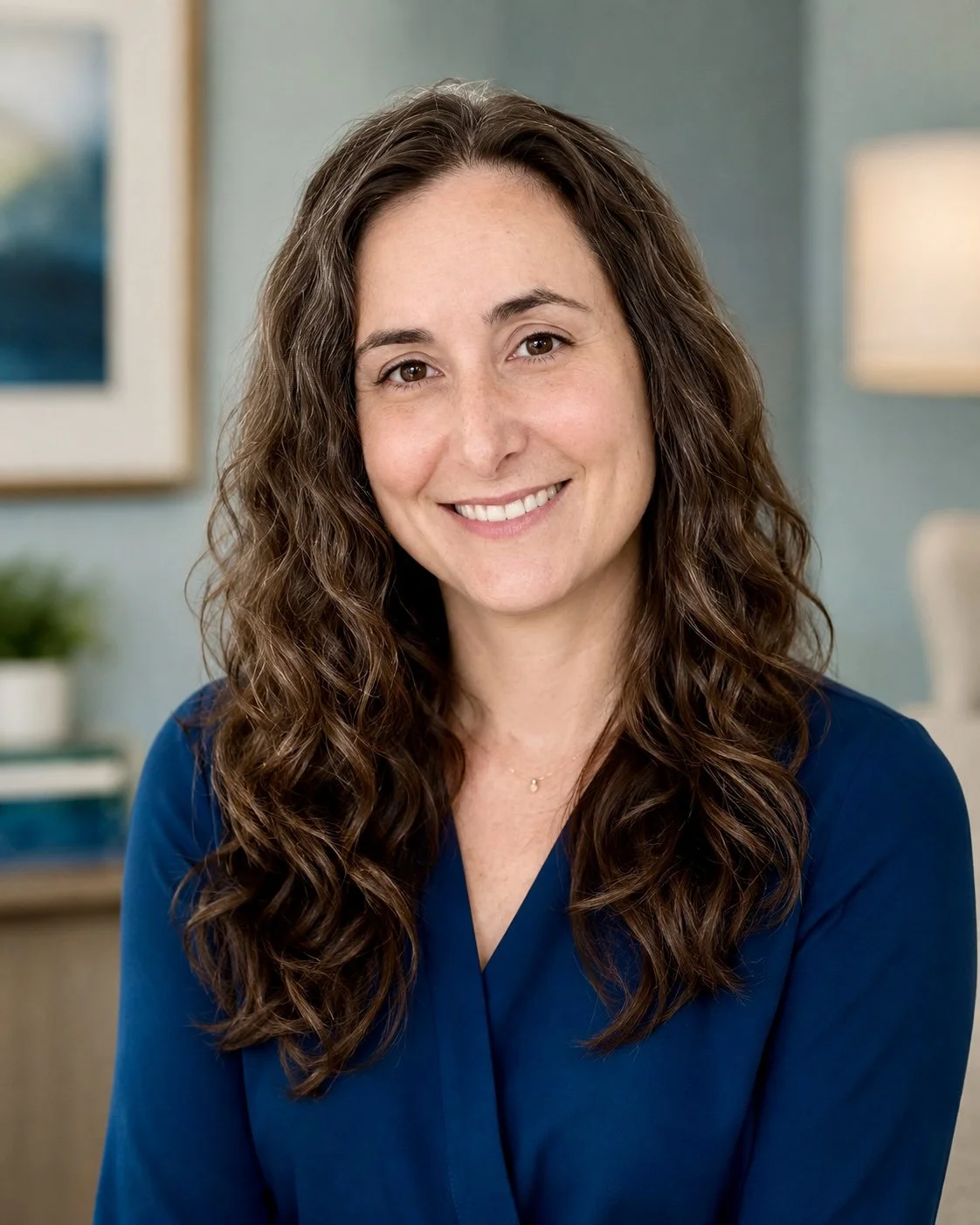 A woman, a psychiatrist, with long, curly brown hair smiling in a well-lit room with a framed picture and a lamp in the background.
